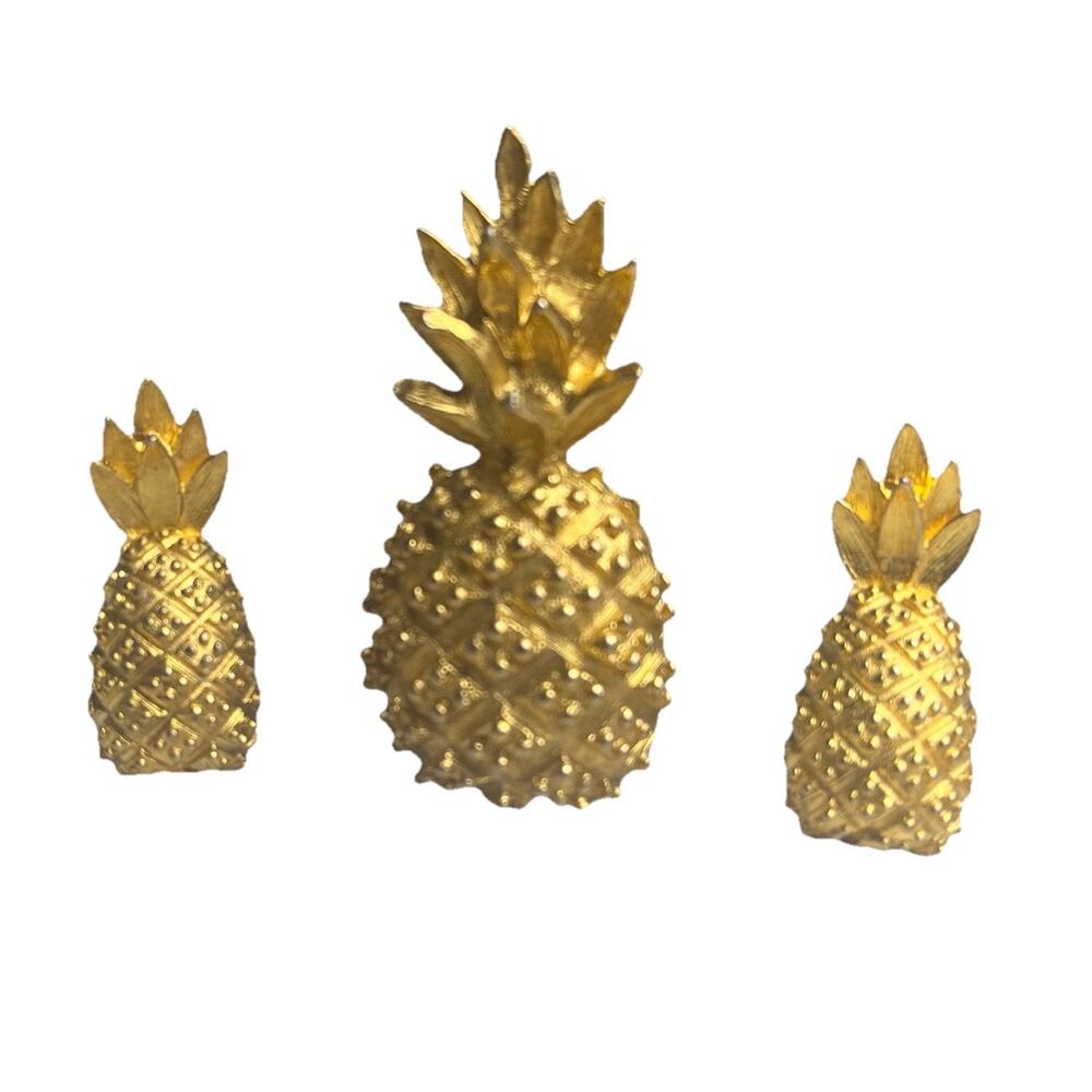 Vintage Gold Tone Pineapple Brooch Pin & Clip On Earring Set Tropical Chic